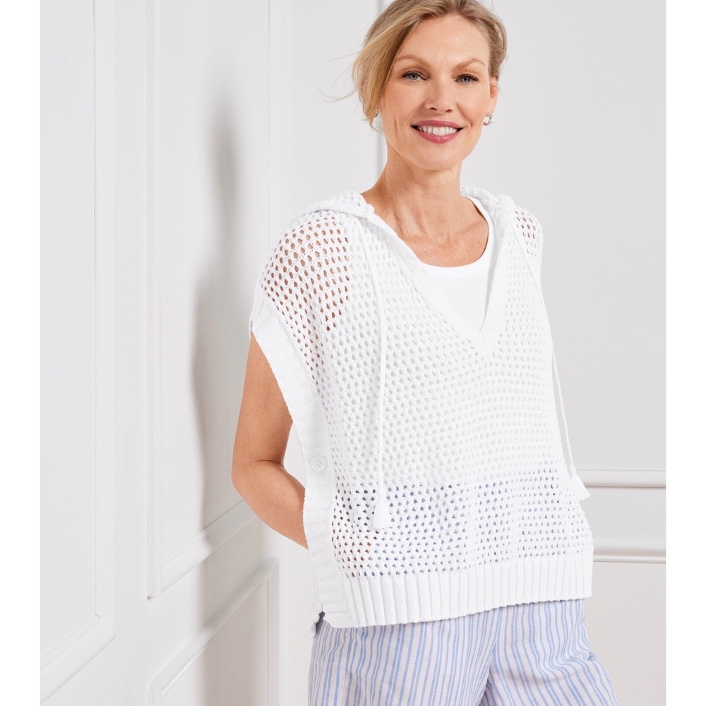 NWT Talbots White Open Knit Hooded Sweater Vest Coastal Grandma Chic Sz L
